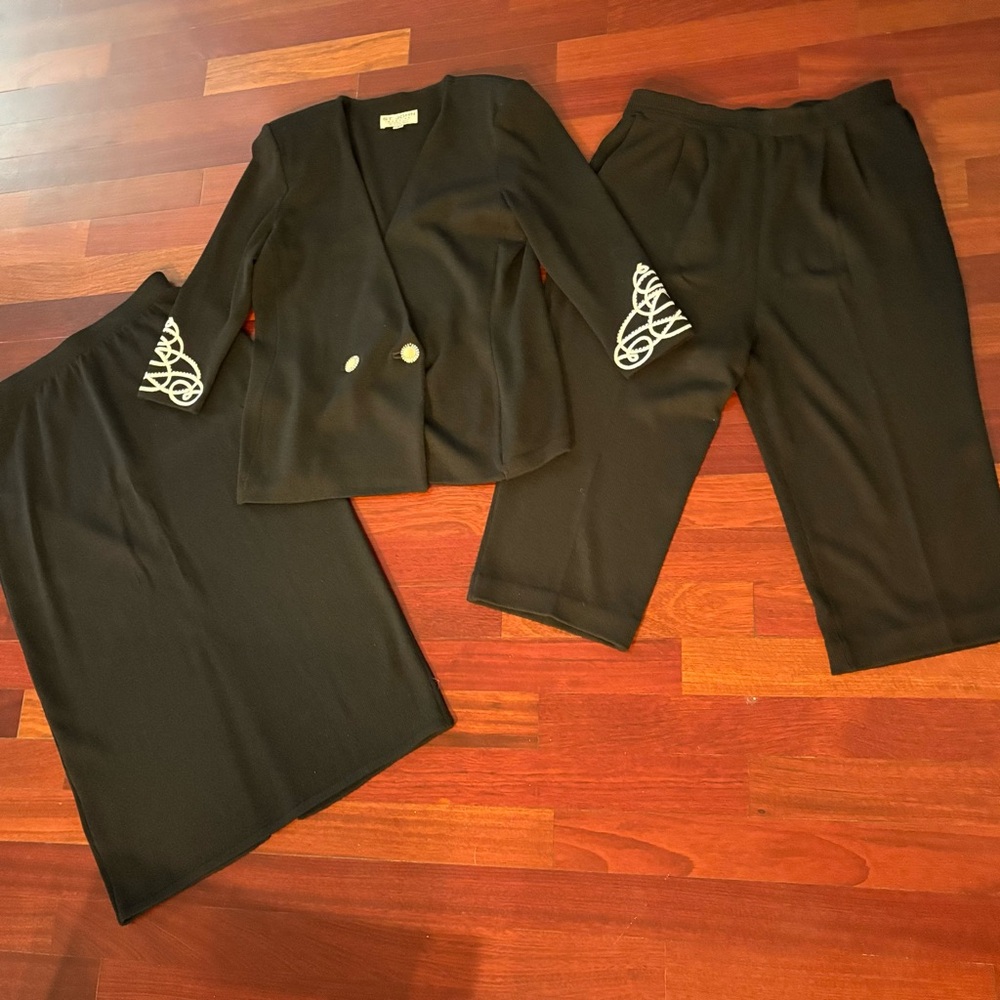 St. John Knit Suit Black 3 Piece Embroidered Jacket Pants & Skirt Size 16 - Picture 9 of 16